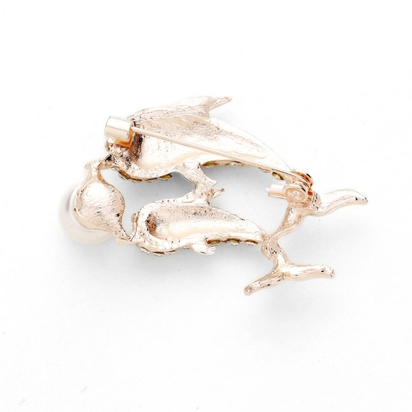 RoseGold Pearl Double Dolphin Rhinestone Crystal 1.75 Inch Brooch Pin Accessory - Picture 2 of 2